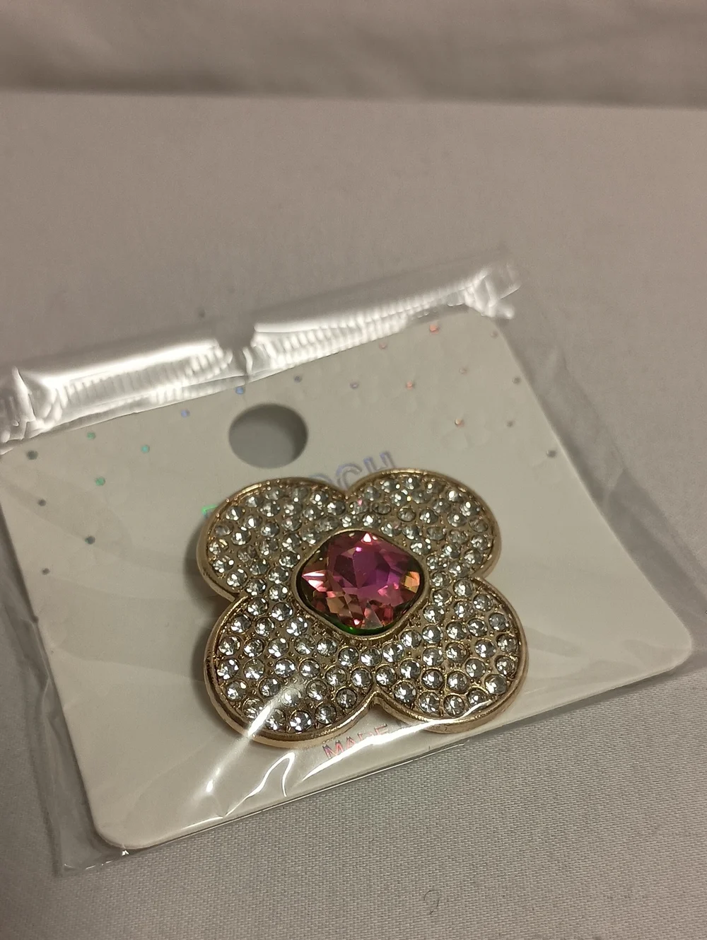 Gold Tone Rhinestone Flower Brooch Pin with Iridescent Crystal Center Pink